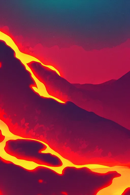 Prompt: a 2d drawing of lava flowing through mountains, cyberpunk palette, hd phone wallpaper