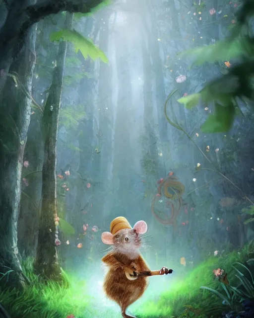 Image similar to Mouse playing Flute in magical forest, portrait, wearing hat, magical notes, fairy atmosphere, magic the gathering artwork, D&D, fantasy, cinematic lighting, centered, symmetrical, highly detailed, digital painting, artstation, concept art, smooth, sharp focus, illustration, volumetric lighting, epic Composition, 8k, art by Akihiko Yoshida and Greg Rutkowski and Craig Mullins, oil painting, cgsociety