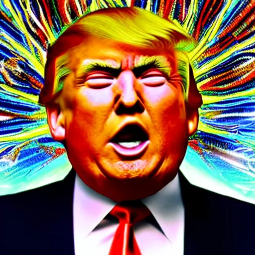 Prompt: Donald trump sitting Indian style with cgi style psychedelic visions expanding outward from his mind