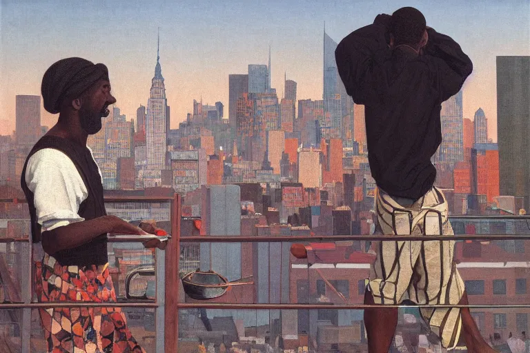 Prompt: painting of a black men in a rooftop, watching new york, beautiful, sunset, romantic, by ludwig deutsch and maxfield parrish, patterned tilework, extremely detailed, cinematic lighting, smooth sharp focus