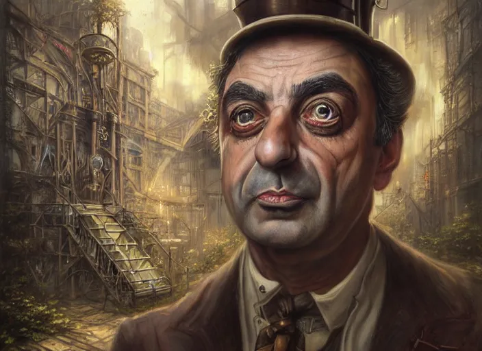 Image similar to steampunk portrait of rowan sebastian atkinson, by tomasz alen kopera and peter mohrbacher