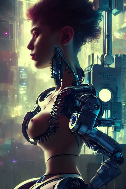 Image similar to ultra realistic, beautiful female cyborg in a crowded smoky cyberpunk club in space megalopolis, sci - fi, intricate details, eerie, highly detailed, octane render, 8 k, art by artgerm and alphonse mucha and greg rutkowski