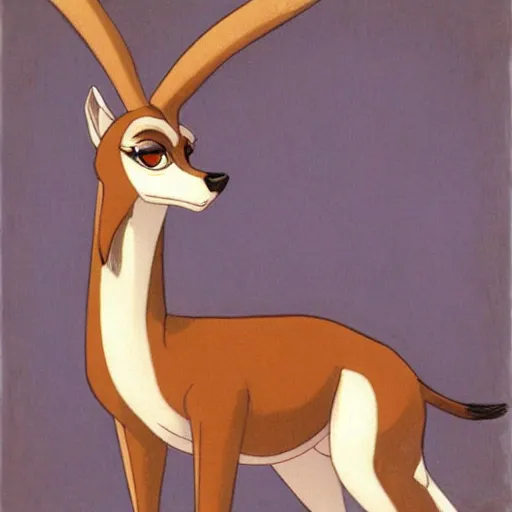 Image similar to a portrait of an anthropomorphic gazelle, furry fursona, in the style of william - adolphe bouguereau and hayao miyazaki and masamune shirow