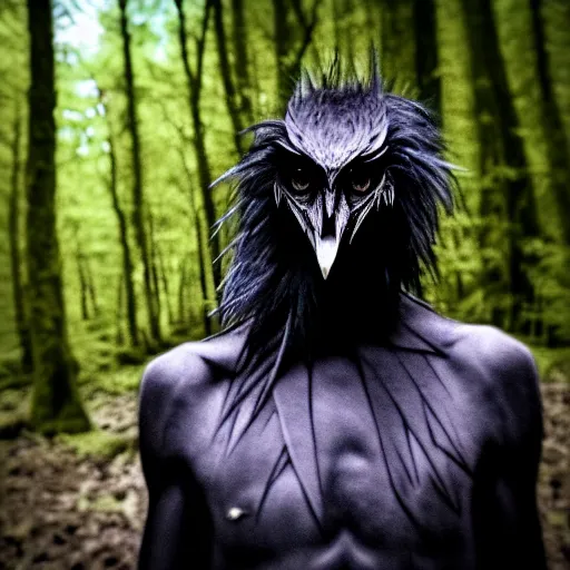 Image similar to werecreature consisting of a human and crow, photograph captured in a forest