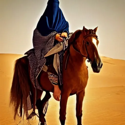 Image similar to beautiful burqa's woman, ride horse in saharan, dress like taliban, riffle on chest, dust, cinematic, dynamic pose, pinterest