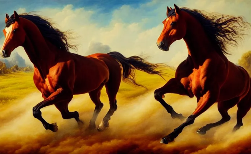 Image similar to a masterpiece oil painting of a proud horse galloping alone. wide angle, fantasy art, alex ross, heroic lighting, very very very beautiful raytraced rendering