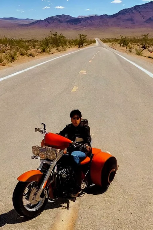 Image similar to photograph of naruto riding a harley davidson motorcycle down a desert highway