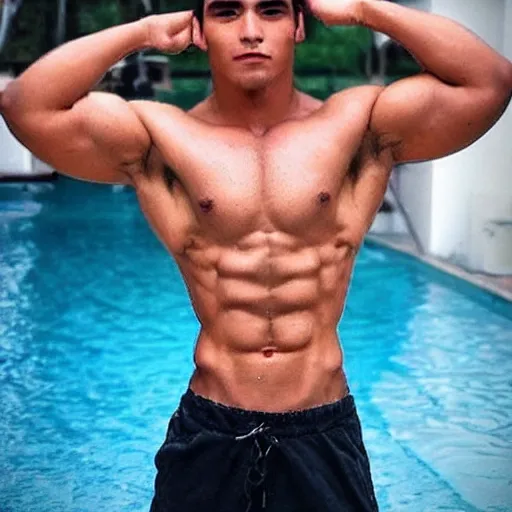 Prompt: “a realistic detailed photo of a handsome guy who is named Rey Garza a fitness model, frozen like a statue, with shiny skin, by a pool, on display, half humanoid, half robot, blank stare”