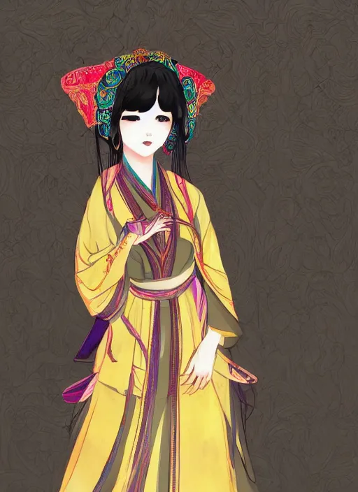 Prompt: a digital illustration of a young asian woman, ornate, colorful robe, shy, illustrated by jung chen ( lulu chen ), featured on artstation, gothic art, anime aesthetic, art on instagram, gothic, dark