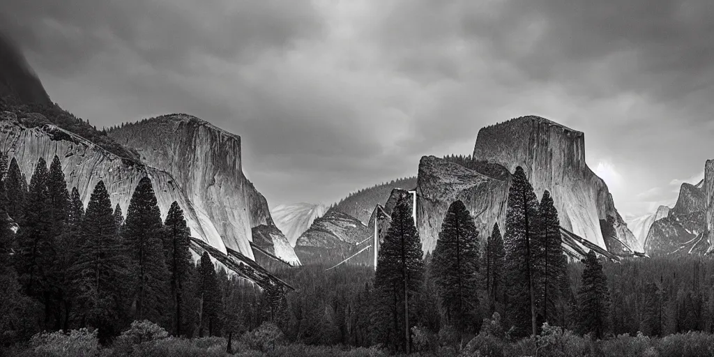 Image similar to yosemite national park during a thunder storm award winning photography by ansel adams