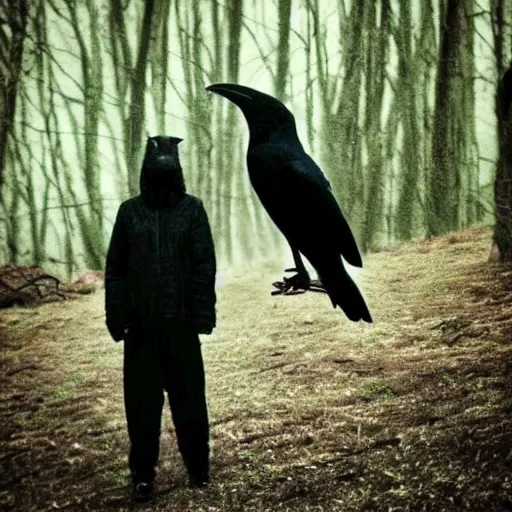 Prompt: !! werecreature consisting of a crow and a human, photograph captured in a dark forest