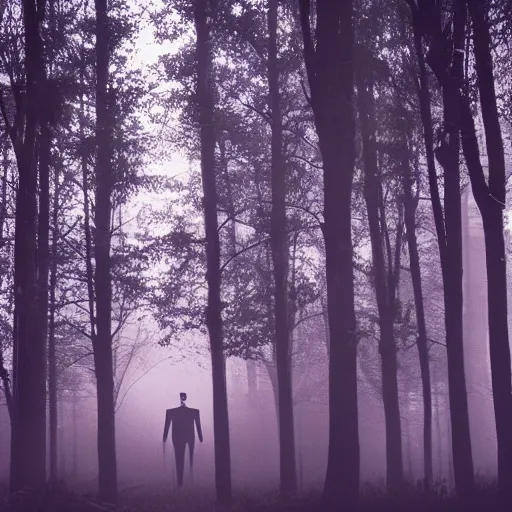 Prompt: found footage sighting of a slender man at night in a forest, fog, volumetric lighting