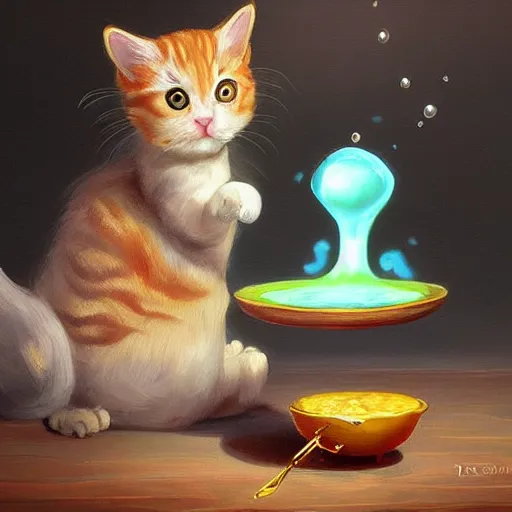 Prompt: a painting of cute cat brewing a magic potion at the table, hyper realistic, very detailed, trending on artstation