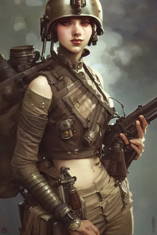 Prompt: dieselpunk soldier girl, helmet, shoulders, chest, portrait, armored, highly detailed, sharp focus, art, illustrations by wlop and alfons maria mucha and irakli nadar and loish and rossdraws