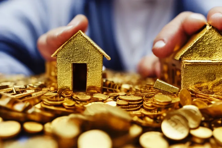 Image similar to a house, made of gold, under construction, tiny men working, with piles of coins around it