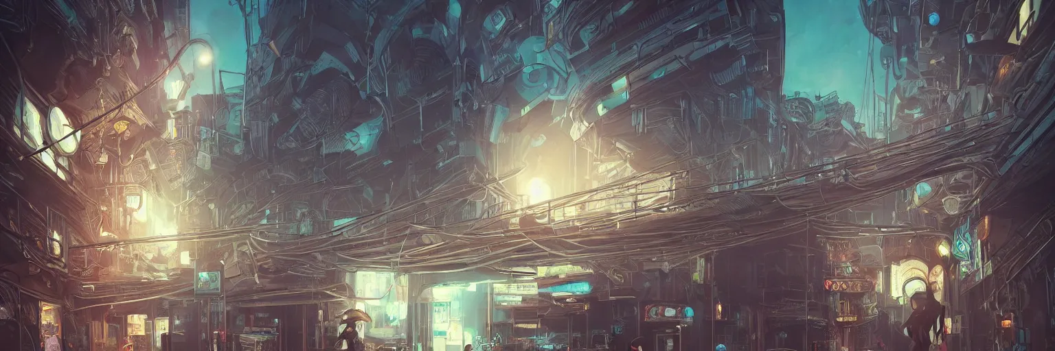 Image similar to beautiful low angle painting of an alien world with sleek architecture in the style of junji ito, steampunk, ultra detailed, broken neon signs, a tiny girl watching on, elegant, artstation, dramatic lighting, glowing light and shadows, trending on artstation, octane render