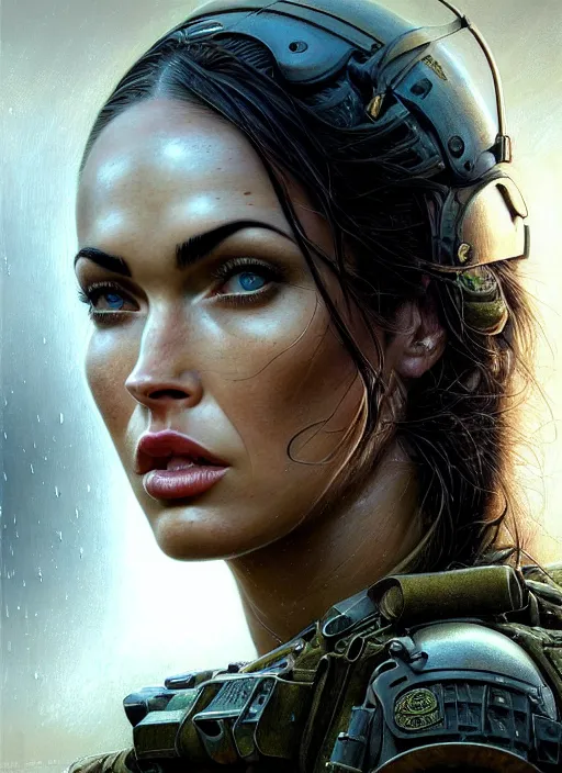 Image similar to closeup portrait shot of megan fox swat team soldier in a scenic dystopian environment, intricate, elegant, highly detailed, centered, digital painting, artstation, concept art, smooth, sharp focus, illustration, artgerm, tomasz alen kopera, peter mohrbacher, donato giancola, joseph christian leyendecker, wlop, boris vallejo