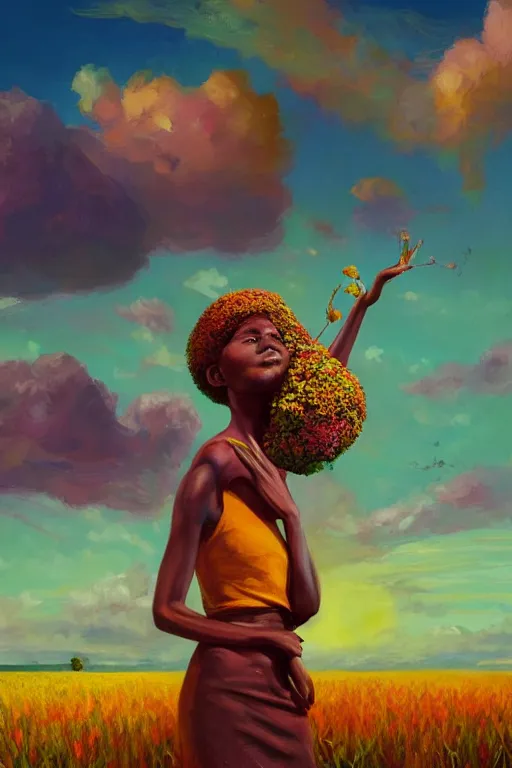 Image similar to closeup, giant flower as head, african woman in heather field, surreal photography, golden hour, colorful clouds, impressionist painting, digital painting, artstation, simon stalenhag