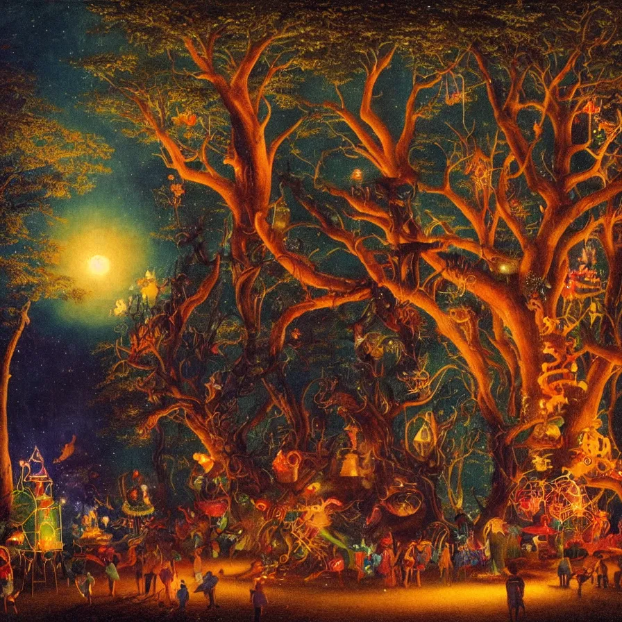 Image similar to closeup of a night carnival inside a magical tree cavity, with a surreal orange moonlight and fireworks, next to a lake with iridiscent water, christmas lights, folklore animals and people disguised as fantastic creatures in a magical forest by summer night, masterpiece painted by harry watrous, scene by night, dark night environment, refraction lights, glares