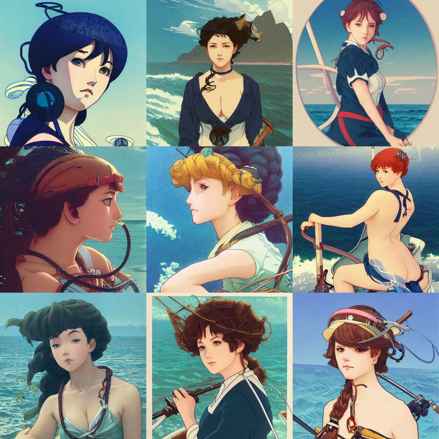 Prompt: a sailor in her watercraft, oceanpunk, finely illustrated face, highly detailed, colored pencil, studio ghibli, tankobon, in the style of ilya kuvshinov and krenz cushart and william - adolphe bouguereau and alphonse mucha