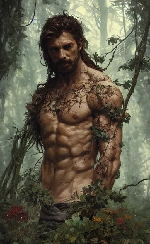 Image similar to god of the forest, 3 0 years old, rugged, handsome, male, detailed face, clean lines, atmospheric lighting, amazing, full body, flowers, muscular, intricate, highly detailed, digital painting, artstation, concept art, sharp focus, illustration, art by greg rutkowski and alphonse mucha