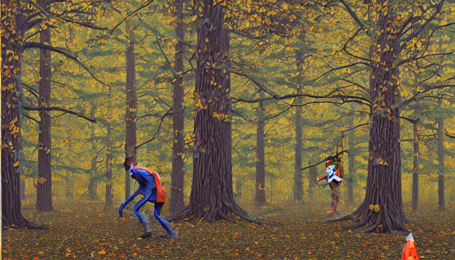 Prompt: safety cones scattered around an oak tree forest, man in bigfoot costume in the distance dancing, by james jean by ilya kuvshinov kintsugi, hyper detailed surrealist painting