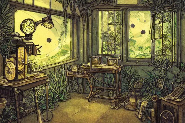 Prompt: Small desk at night with desklamp inside a steampunk machine room with lush vegetation growing around the machines, tropical trees, large leaves, flowers, beautiful starry night sky showing thought the windows, beatifully lit, very detailed painting, vintage science fiction illustration, Studio Ghibli, Rebecca Guay