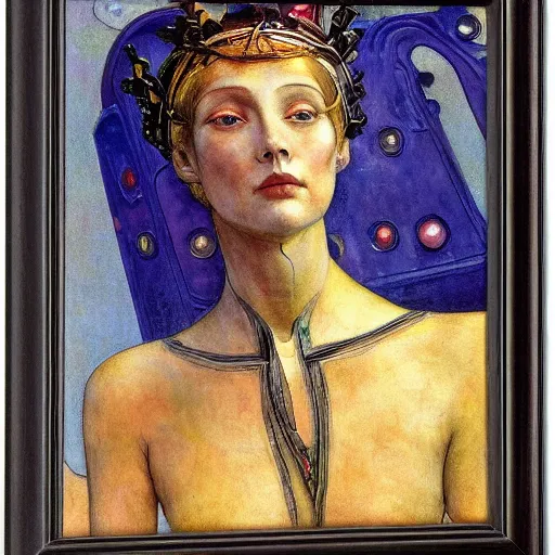 Prompt: the android queen, by Annie Swynnerton and Diego Rivera, symbolist, dramatic lighting, elaborate geometric ornament, Art Brut ,god rays, soft cool colors,smooth, sharp focus, extremely detailed, Adolf Wölfli