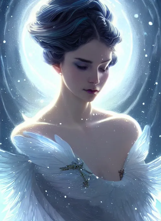 Image similar to a beautiful cinematic female winter goddess, cristal dress, ice wing, galatic shamen with quantum energy fantasy, fantasy magic, undercut hairstyle, dark light night, intricate, elegant, sharp focus, illustration, highly detailed, digital painting, concept art, matte, art by wlop and artgerm and greg rutkowski and alphonse mucha, masterpiece