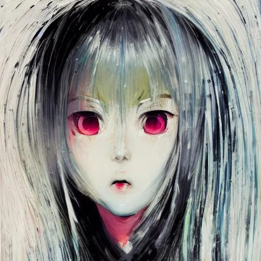 Image similar to “Oil portrait of an anime girl with white hair holding a knife in the style of Yoshitaka Amano, abstract black and white pattern on the background, 1990s vibe, expressive brush strokes, highly detailed, film grain noise effect, renaissance oil painting”