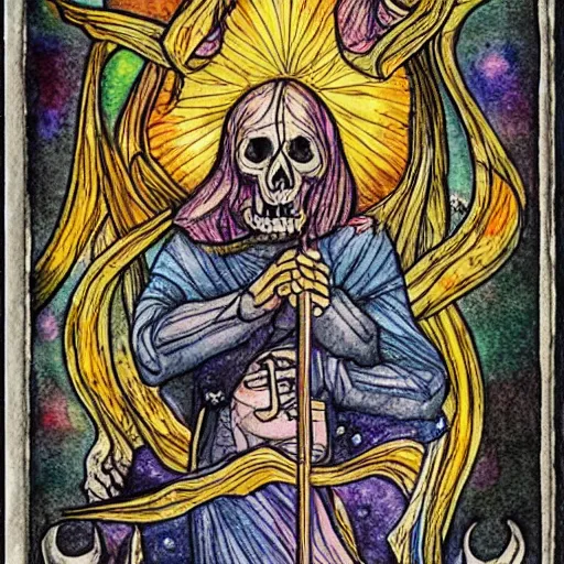 Image similar to The Tarot card of life and death, ballpoint pen and watercolor combination, detailed