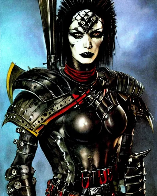 Image similar to portrait of a skinny punk goth soldier wearing armor by simon bisley, john blance, frank frazetta, fantasy, sorceror