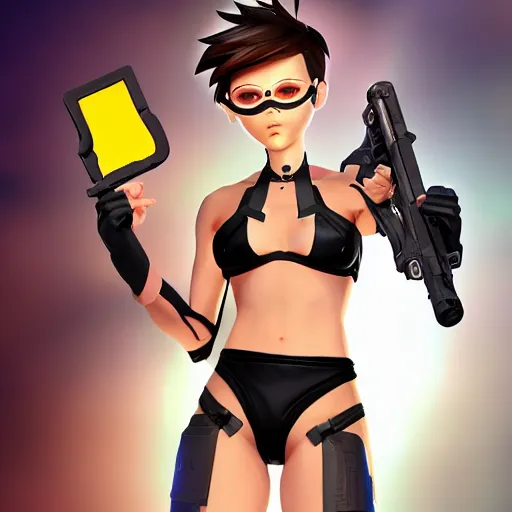 Image similar to tracer game character, in black bikini, blonde hair, black eyes, full height