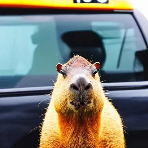 Prompt: a photo of a capybara with sunglasses sitting in the back of a taxi