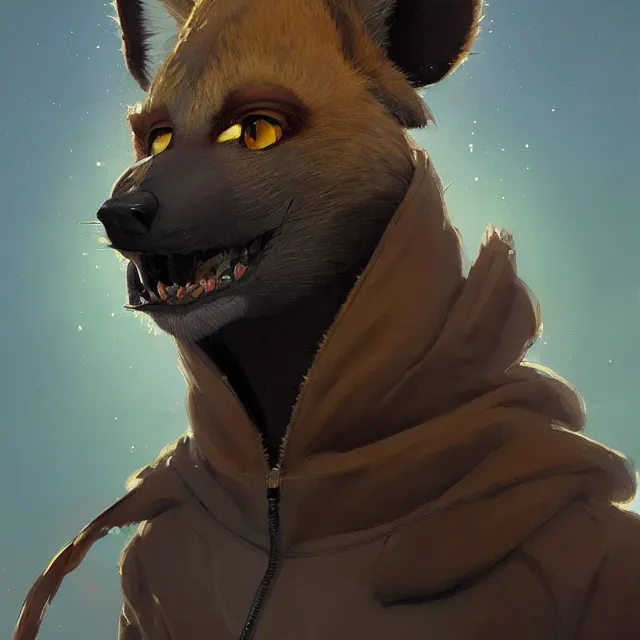 Image similar to a beautiful painting of a handsome male anthropomorph brown hyena furry fursona wearing a hoodie. character design by cory loftis, fenghua zhong, ryohei hase, ismail inceoglu and ruan jia. artstation, volumetric light, detailed, photorealistic, rendered in octane