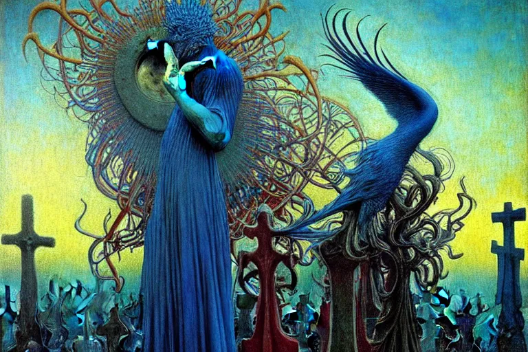 Image similar to realistic detailed portrait painting of a beautiful birdman, nightly graveyard landscape background by Jean Delville, Amano, Yves Tanguy, Max Ernst, Alphonse Mucha, Ernst Haeckel, Edward Robert Hughes, Roger Dean, masterpiece, cinematic composition, dramatic pose, 4k details, rich moody colours, blue eyes