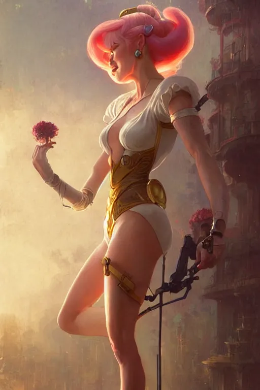 Image similar to aeon flux as princess peach picture by Greg Rutkowski, dynamic pose, matte painting, intricate, fantasy concept art, elegant, by Stanley Artgerm Lau, WLOP, golden ratio, thomas kindkade, alphonse mucha, loish, Peter chung, norman Rockwell,