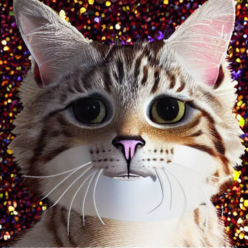 Prompt: a cat embroidered with sequins, hyperrealistic, textured, animal portrait, 3 d render, f 2. 8