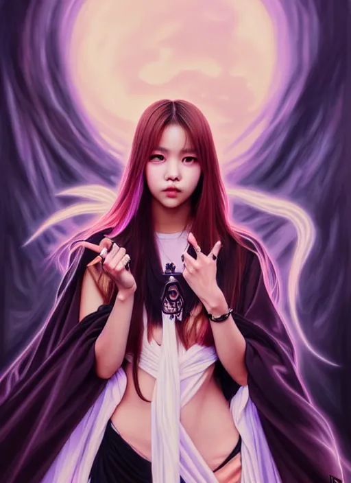 Prompt: lalisa manoban of blackpink, grim reaper costume, tarot card, highly detailed, digital painting, smooth, sharp focus, illustration, ultra realistic, 8 k, art by artgerm and alphonse mucha