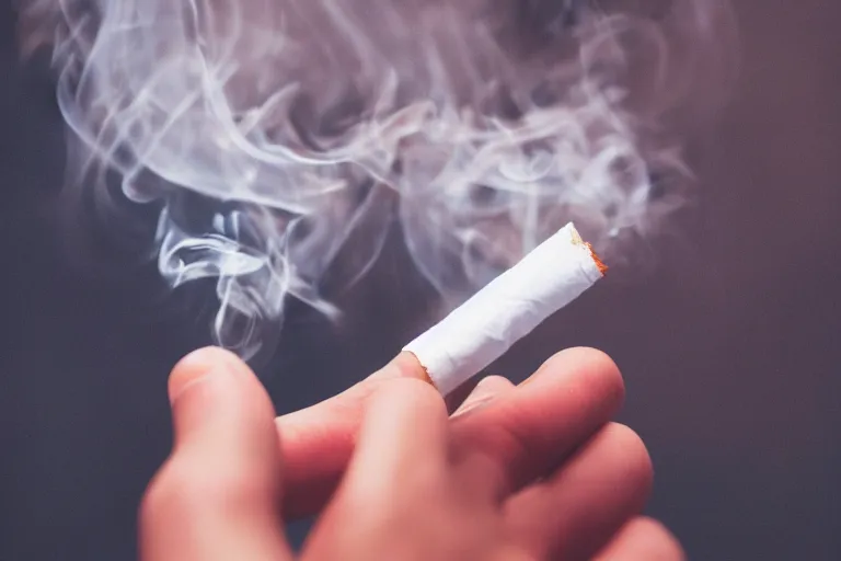 Image similar to Close-up of thin soft hand holding cigarette with smoke, hyper realistic, high details, photo, super resolution