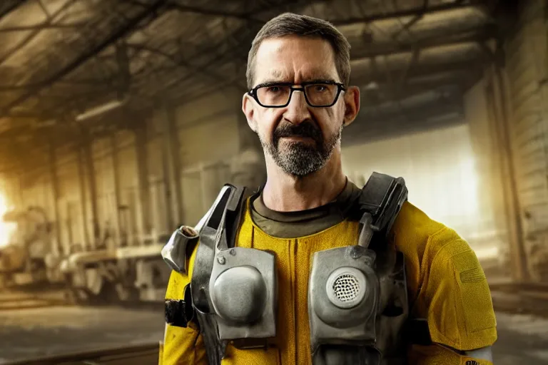 Image similar to vfx movie closeup real life gordon freeman holding wearing futuristic armor, half life logo on chest, crowbar in russian train yard by emmanuel lubezki