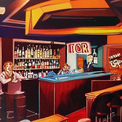 Prompt: 1980s bar with stage comic book art