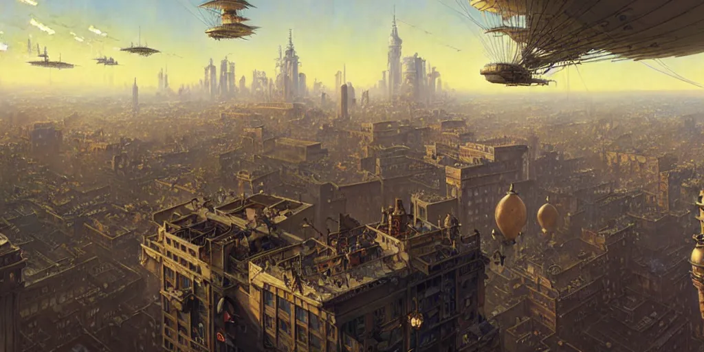 Image similar to steampunk airship above a busy city, exquisite details, denoised, mid view, by norman rockwell, karl kopinski, artsation, greg rutkowski, makoto shinkai, takashi takeuchi, studio ghibli