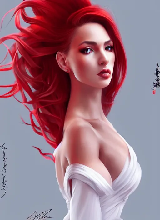 Image similar to photo of a gorgeous female with long red her, dressed in a white transparant gown in the style of stefan kostic, realistic, sharp focus, 8 k high definition, insanely detailed, intricate, elegant, art by stanley lau and artgerm