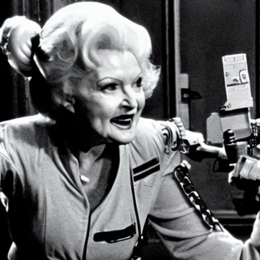 Image similar to stunning awe inspiring betty white as a ghostbuster in the movie ghostbusters, movie still 8 k hdr atmospheric lighting