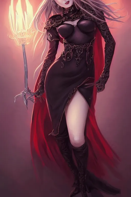 Image similar to Portrait of seductive female necromancer, D&D, revealing stylish dress, red eyes, dark eyeshadow, choker on neck, long blonde hair, mouth slightly open, slight nerdy smile, fantasy, intricate, elegant, highly detailed, digital painting, artstation, concept art, smooth, sharp focus, illustration, art by artgerm and greg rutkowski and alphonse mucha