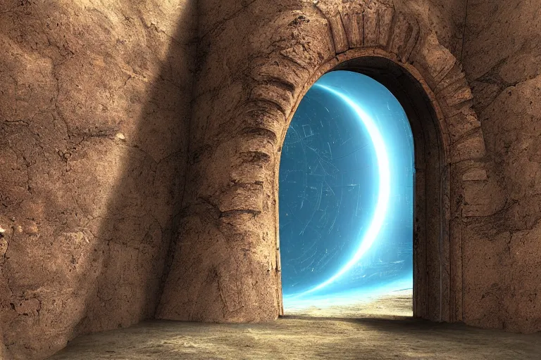 Image similar to a stargate in the ruins on mars leads to another dimension, portal, gate, dimension, arstation, digital art