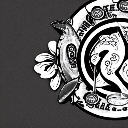 Prompt: Shark and guitar, roses and coins on the background logo, black and white, maori style