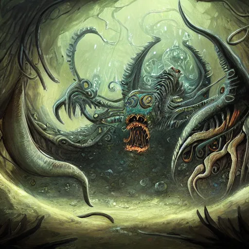 Prompt: fantasy art painting of lovecraftian horror, trending on art station