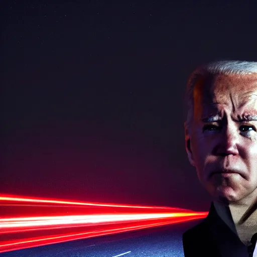 Prompt: portrait of asphalt face, joe biden, lasers shooting out of glowing eyes, smooth reflections, angry looking at camera, outdoor, black sky, 8 k, realistic, depth of field, rule of thirds, highly detailed, award winning photography.